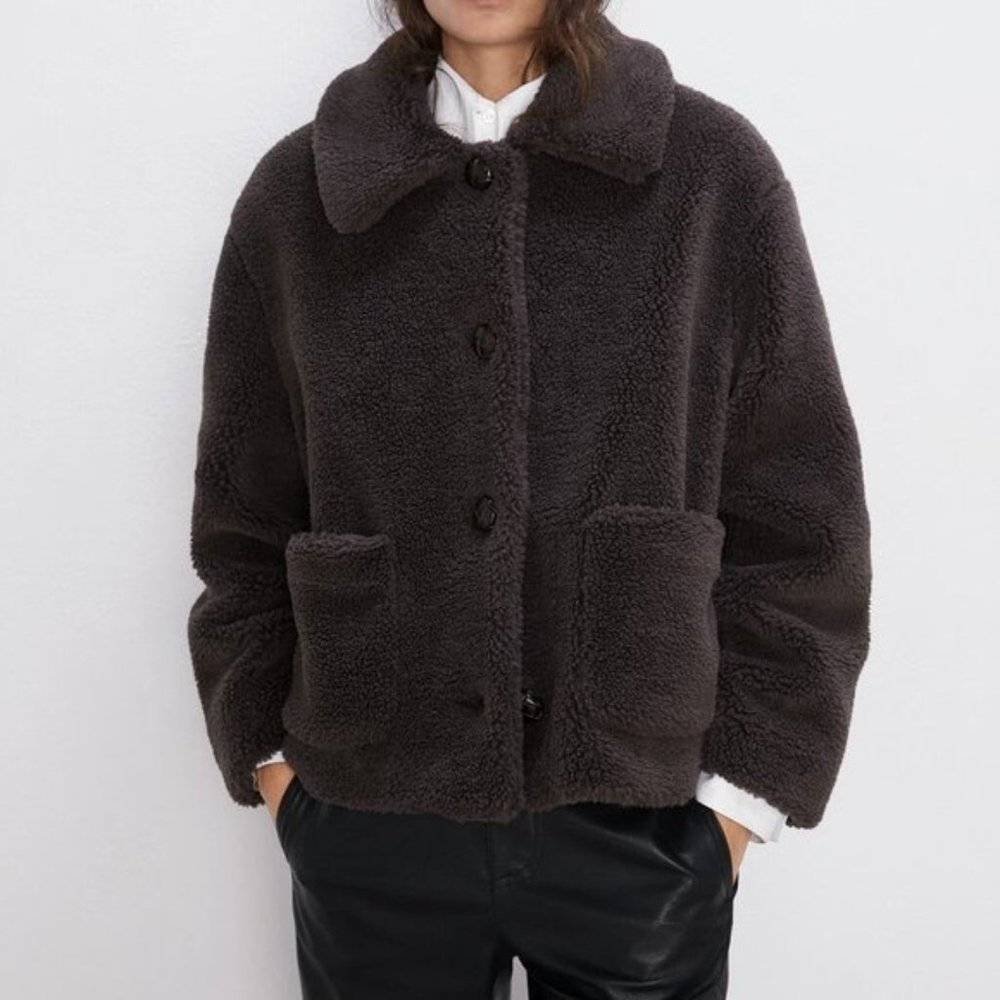 Zara Cropped Fleece Coat Gray XS